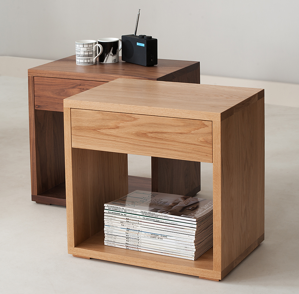 Cube Tables, modern Bedside tables with a storage drawer and open shelf. Come in a range of wood options.