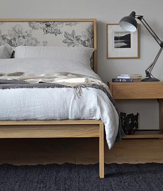 Classic look Shetland wooden bed in Oak with floral printed padded headboard