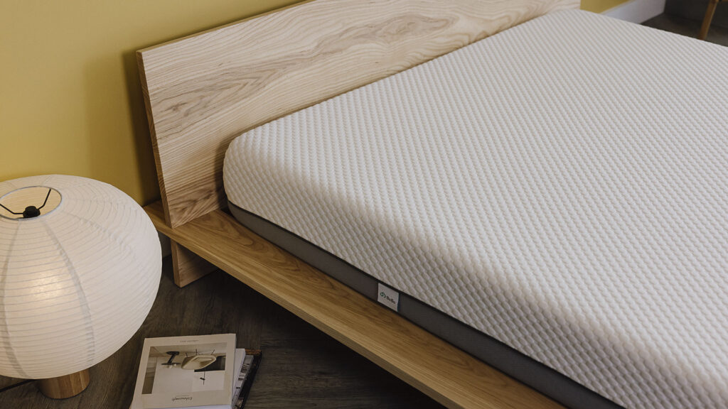 Oregon bed frame in ash with memory foam mattress, no bedding.