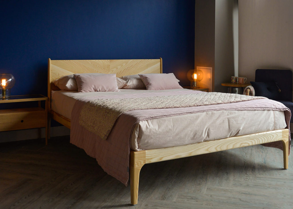 Solid wooden Hoxton bed, hand made in Britain and available to order in a choice of woods and bed sizes.
