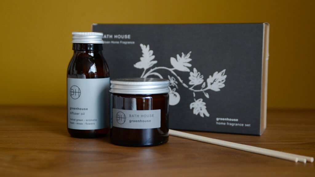 Greenhouse mini scent diffuser and candle set shown with gift box packaging
