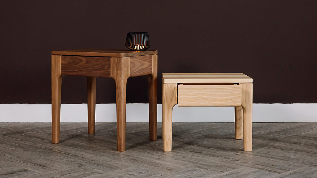 2 Camden bedside tables. One short in ash, one tall in walnut.
