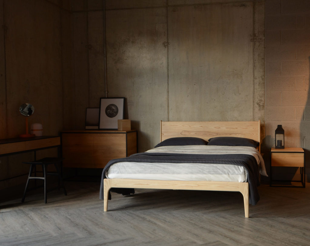 Scandinavian style bedroom featuring our solid wood Camden bed