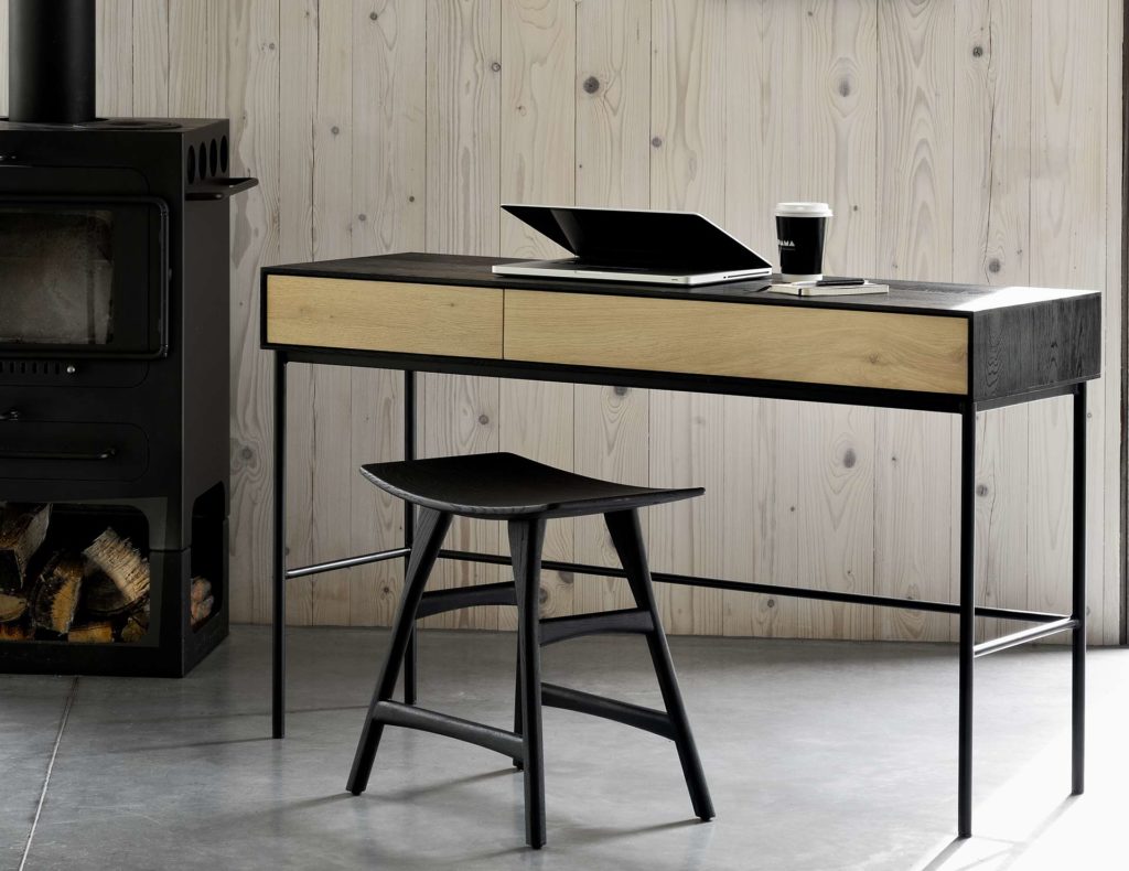 Ethnicraft-Oak-Blackbird-desk-&-black-Osso-stool