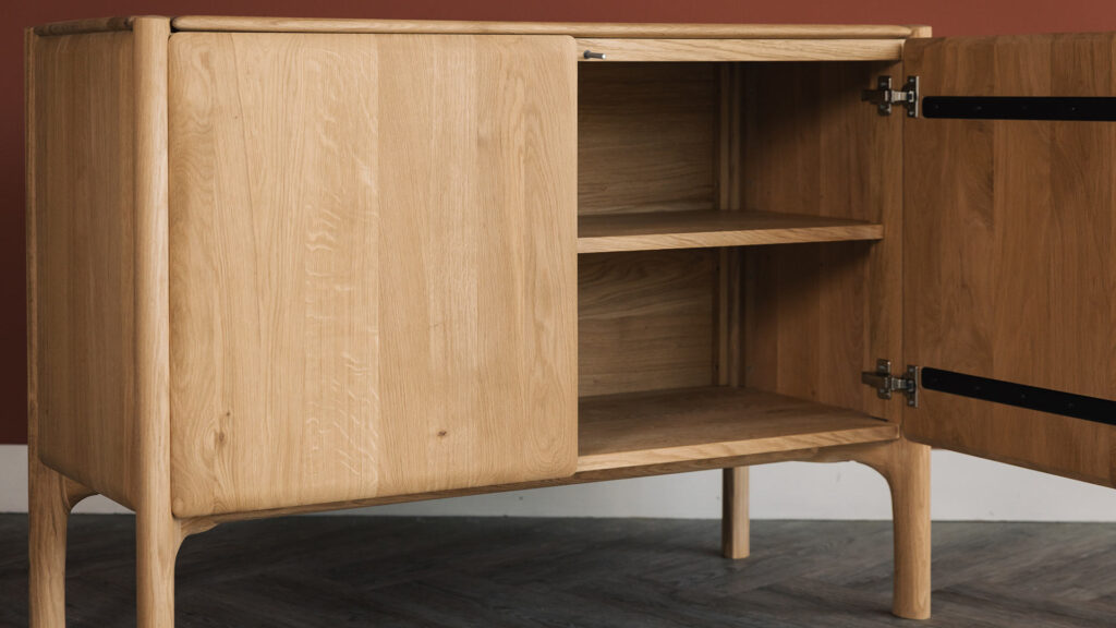 Ethnicraft oak cupboard with door open