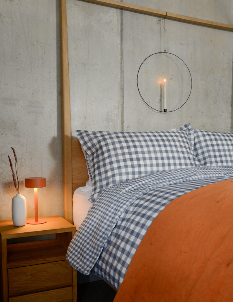 Gingham Bedding Navy Blue with Terracotta Velvet Quilt PORTRAIT