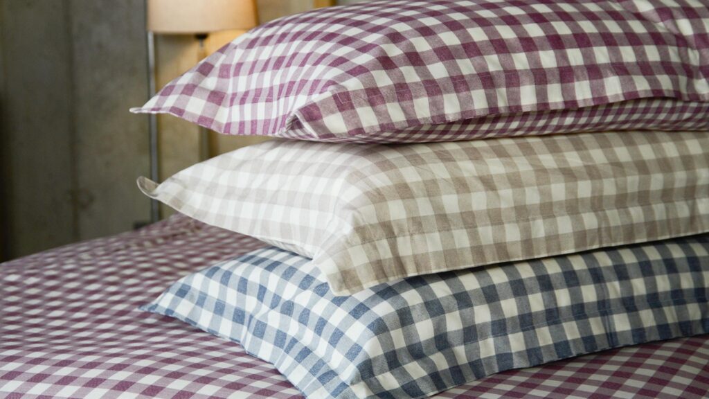 Gingham Bedding Stack 2 Berry Purple Soft Beige Navy Blue