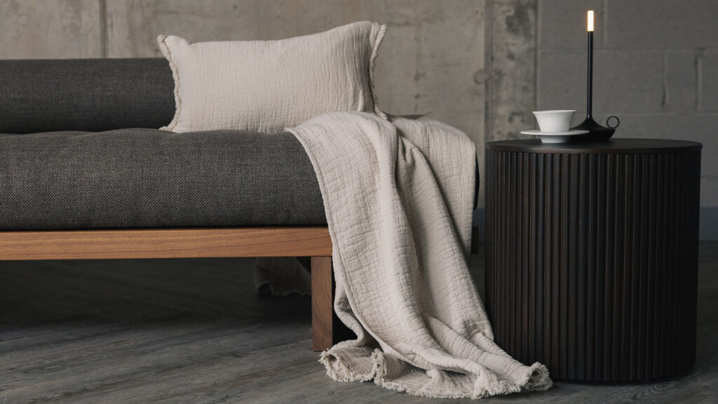 Kyoto daybed with taupe mattress and Roller side table