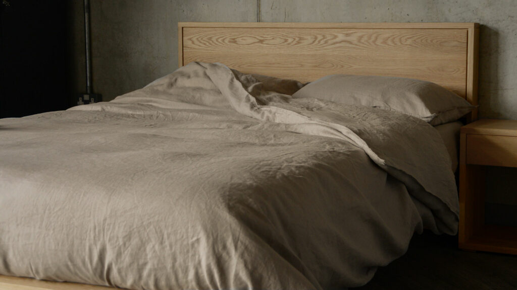stone linen bedding on leith bed oak