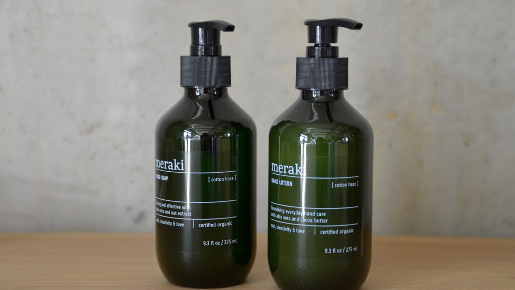 Bottles of hand soap and lotion.