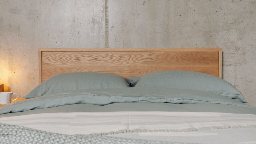 Oak Leith headboard with sage linen 1