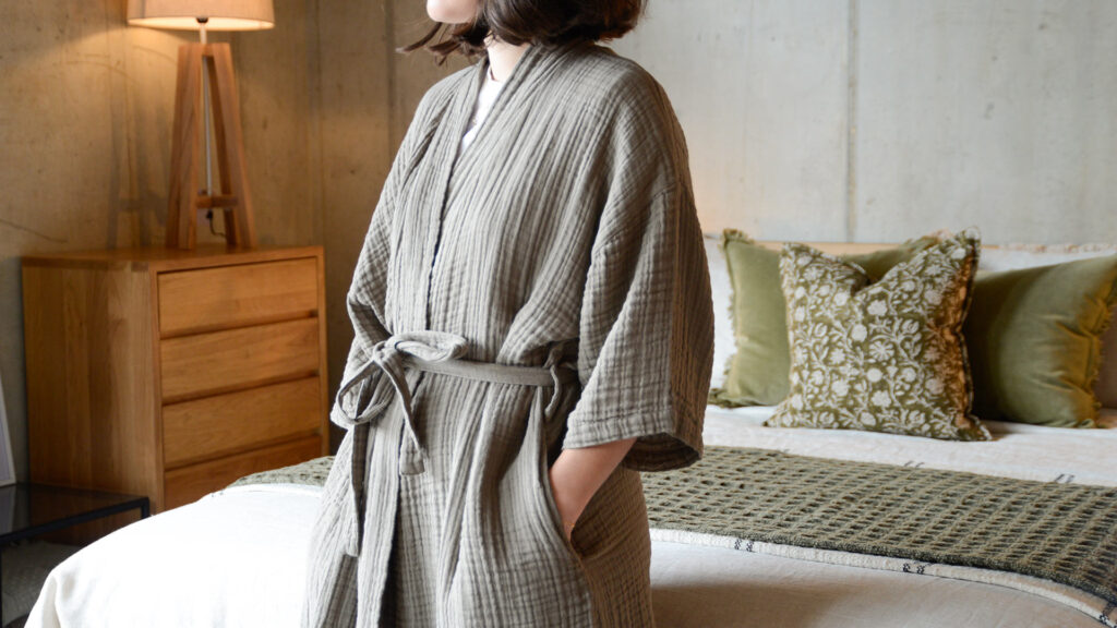 Organic Cotton Robes Khaki from side tied