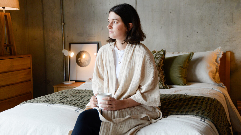 Organic Cotton Robes Stone open on model