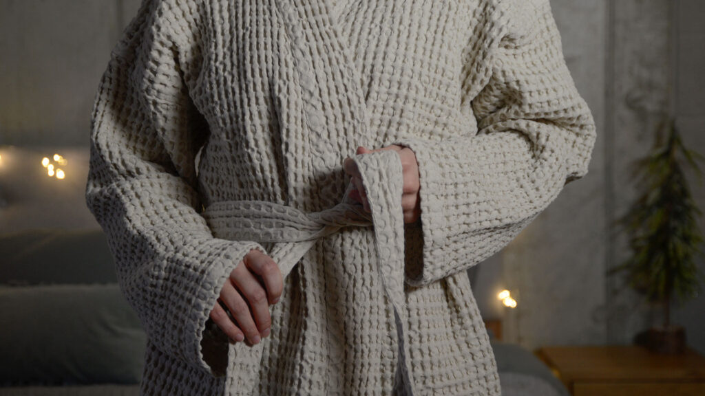 Organic Cotton Waffle Robe STONE tie
