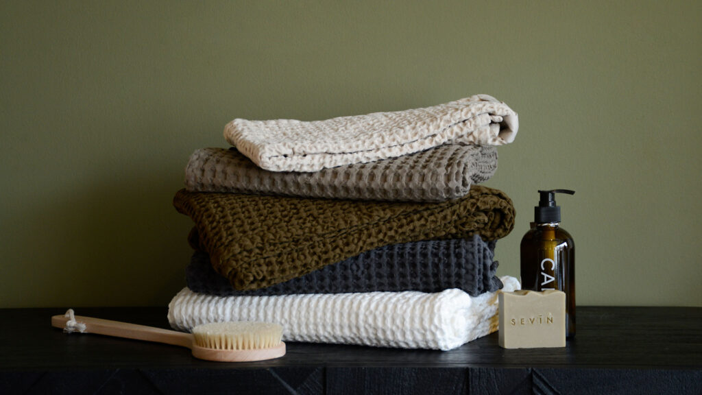 Organic Cotton Waffle Towel Stack on Graphic Dresser