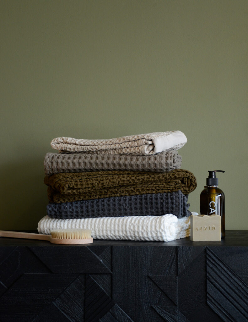 Organic Cotton Waffle Towel Stack on Graphic Dresser PORTRAIT