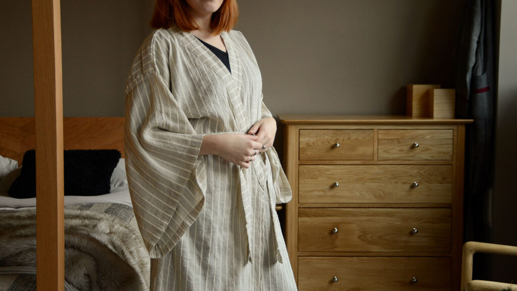 organic linen kimono dressing gown in beige with ivory stripes