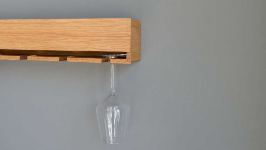 natural oak wall mounted wine glass holder and storage shelf