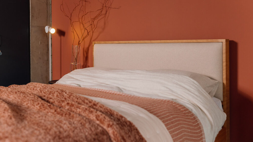 amatheon upholstered headboard solid cherry Shetland bed