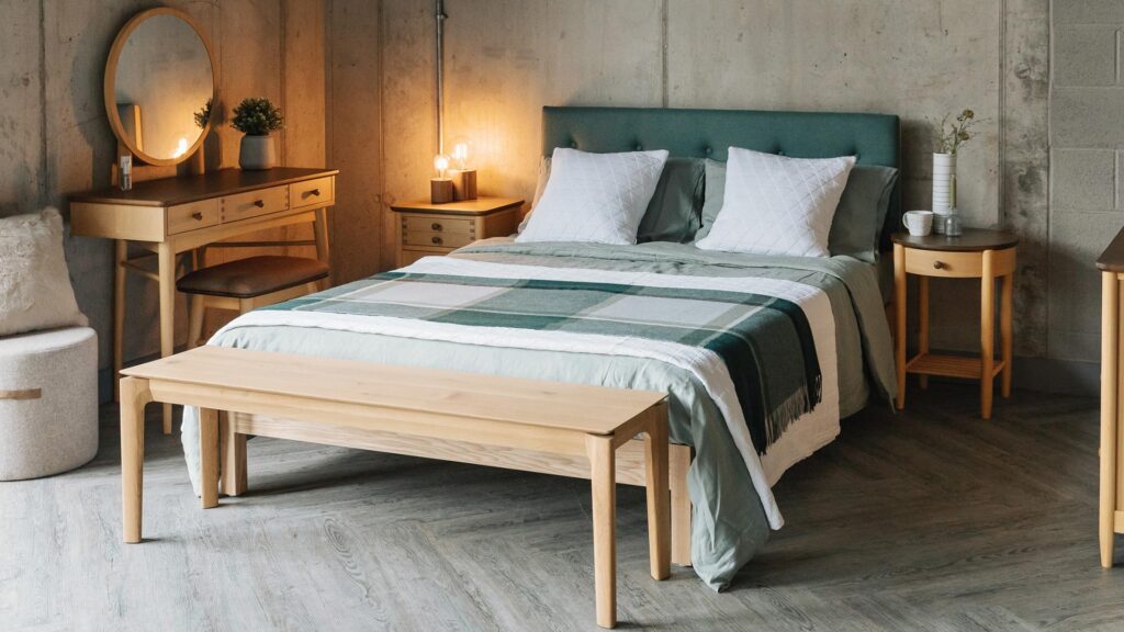 arran bed bok bench and two tone bedroom furniture