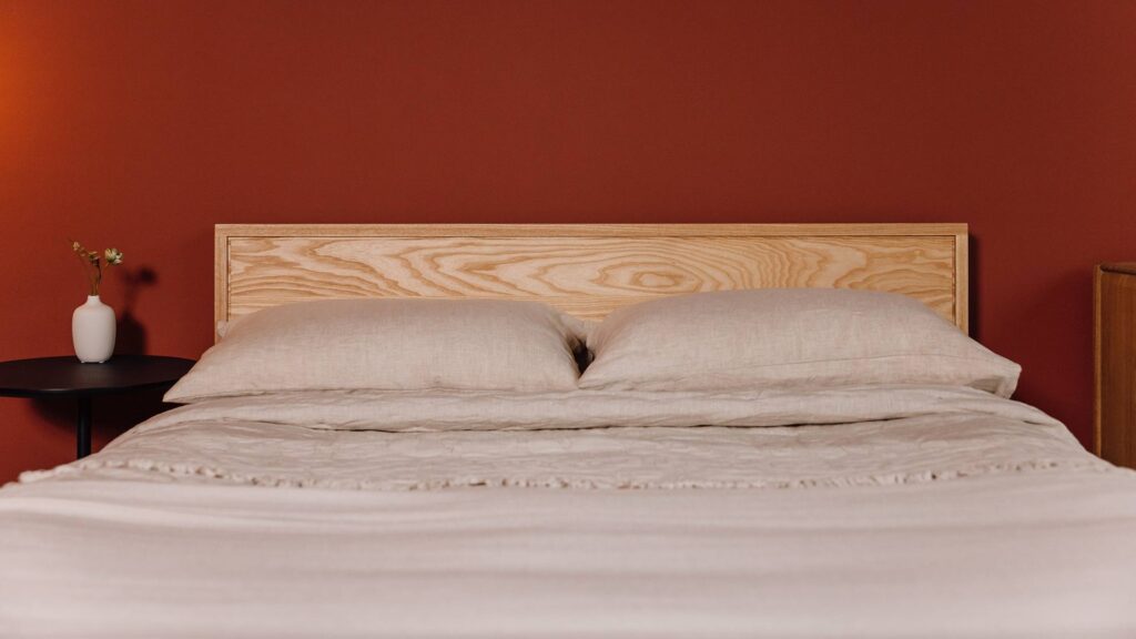 ash headboard Leith front with stone colour bedding