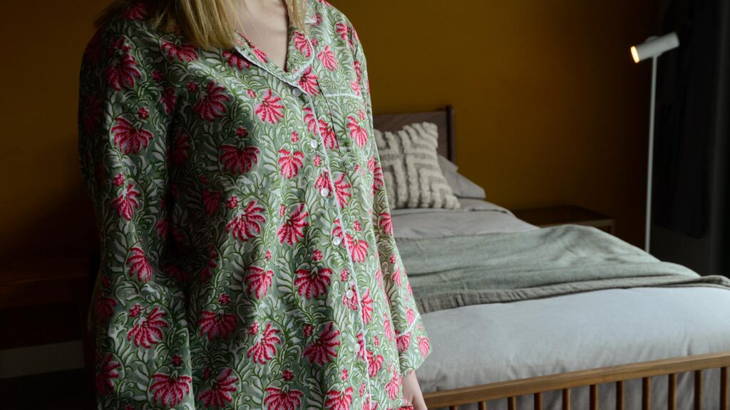block print cotton Pjs green and pink floral print