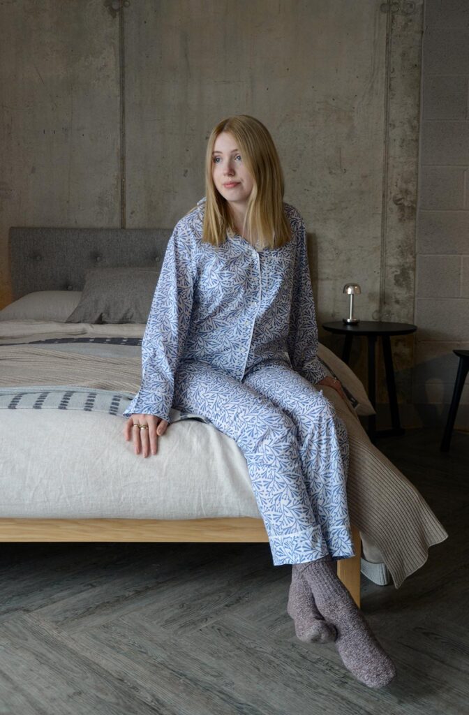 block print pyjamas in blue and white portrait