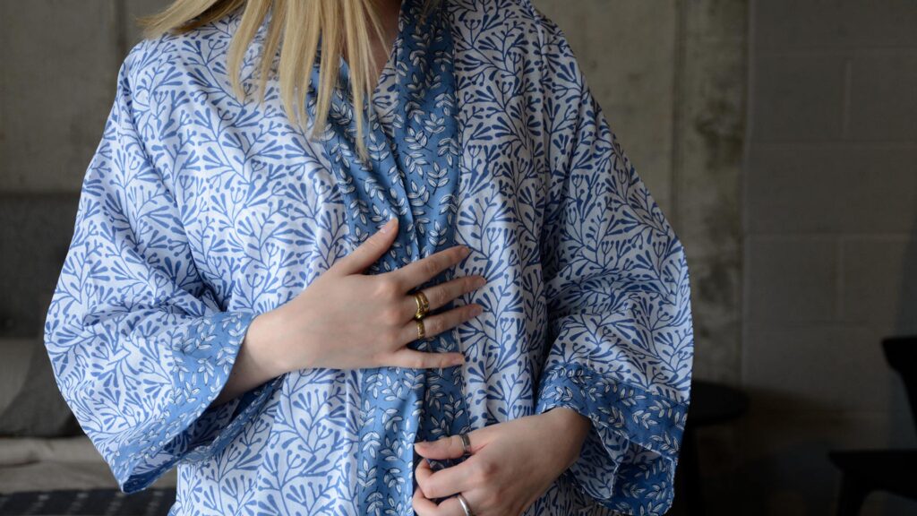blue and white cotton robe