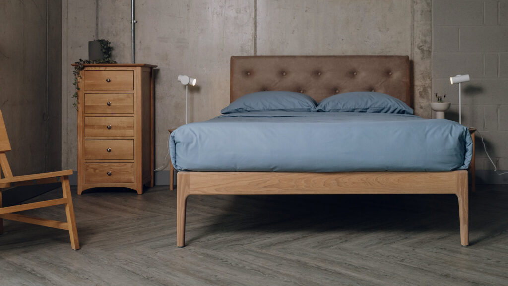 blue egyptian cotton bedding on the oak Bloomsbury bed