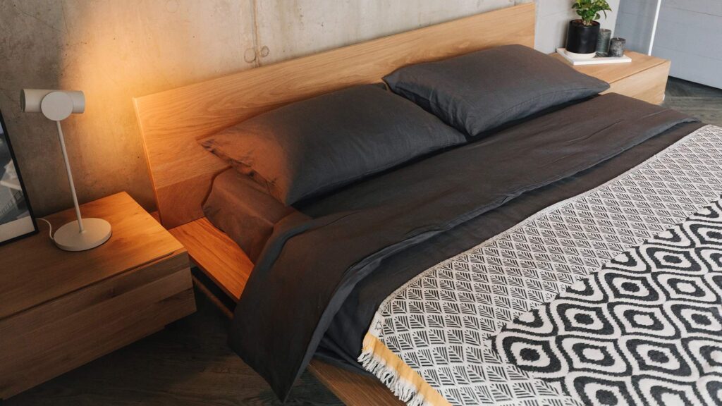 boho throw in ivory and charcoal on Oregon bed