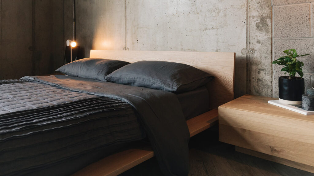 charcoal linen on oregon bed with madra bedside table