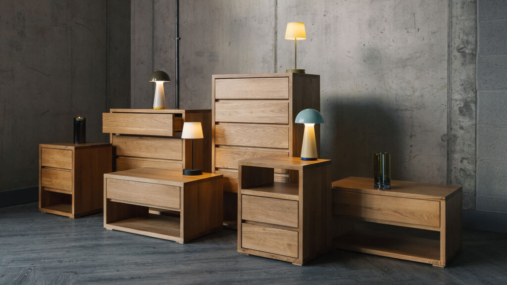 colourful lamps and lanterns with oak Cube drawer units