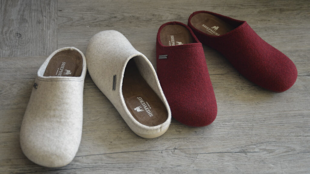 2 pairs of slippers - one red, one stone.