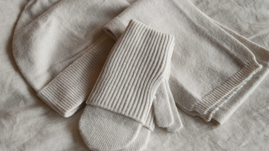 ecru knitted scarf mittens and hat