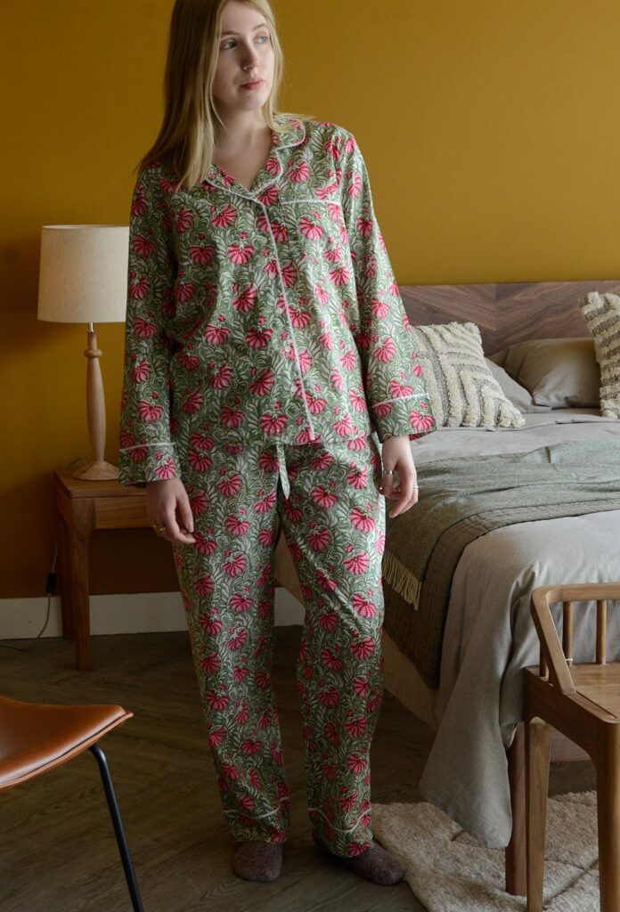 green and pink block print pyjamas portrait