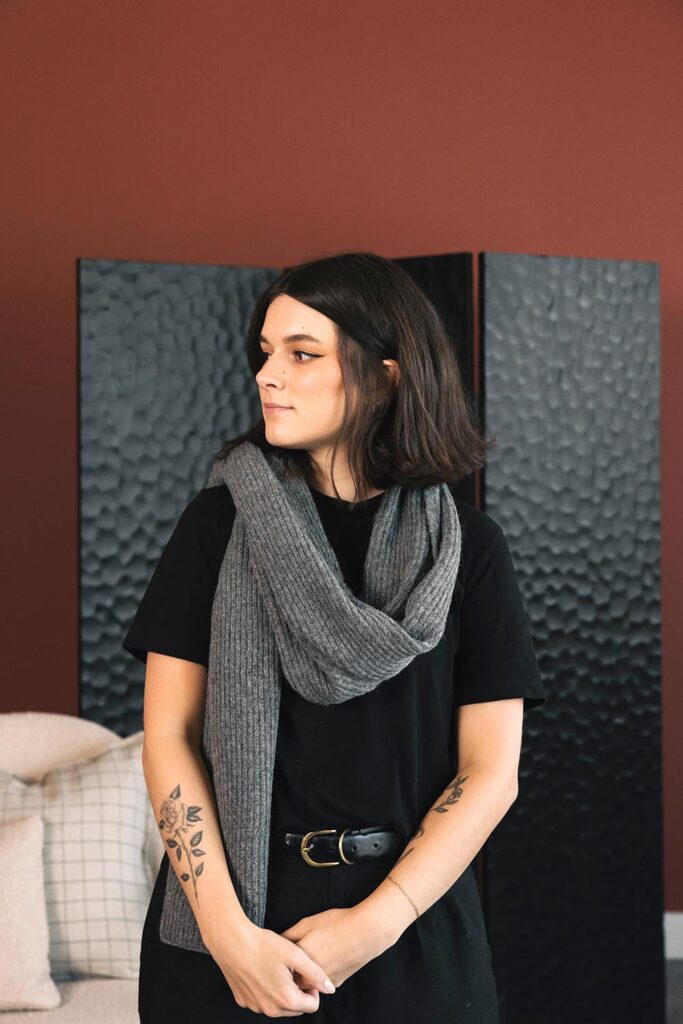 grey baby alpaca scarf portrait