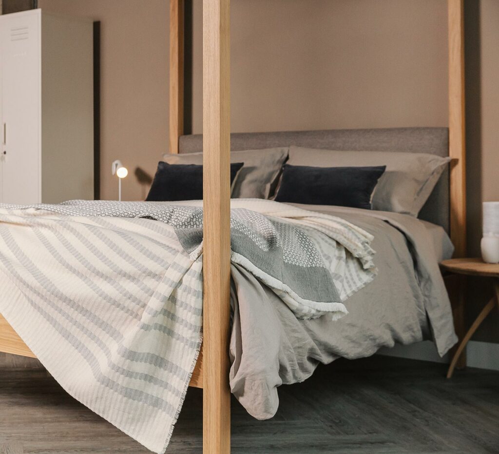 contemporary neutrals bedroom scheme with taupe linen bedding and grey and ivory blankets