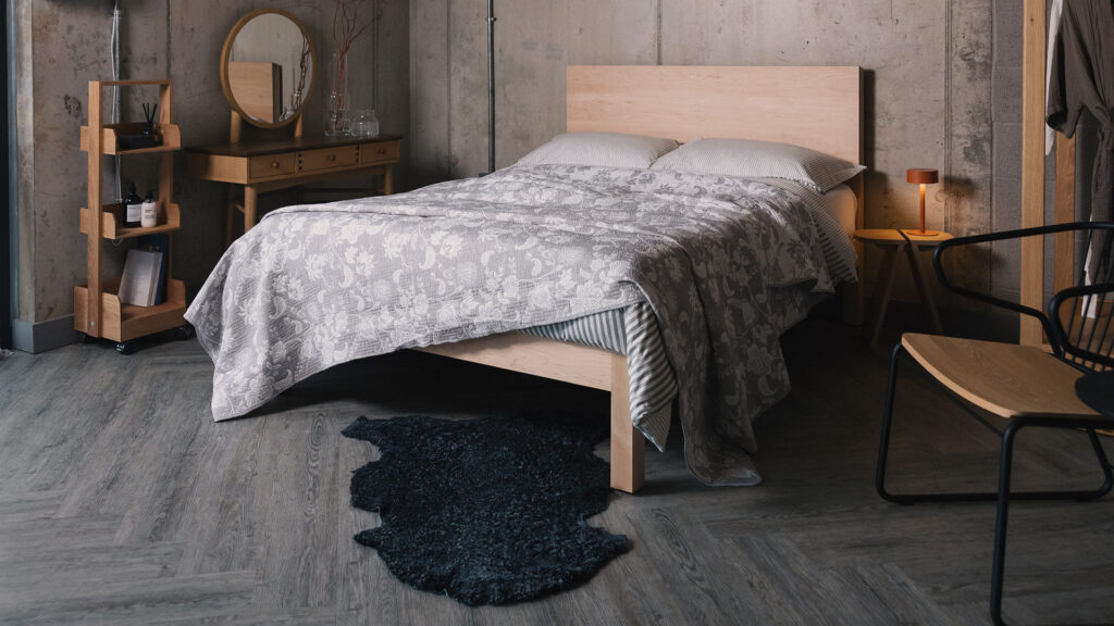 grey jacquard bedspread on maple Bamford bed