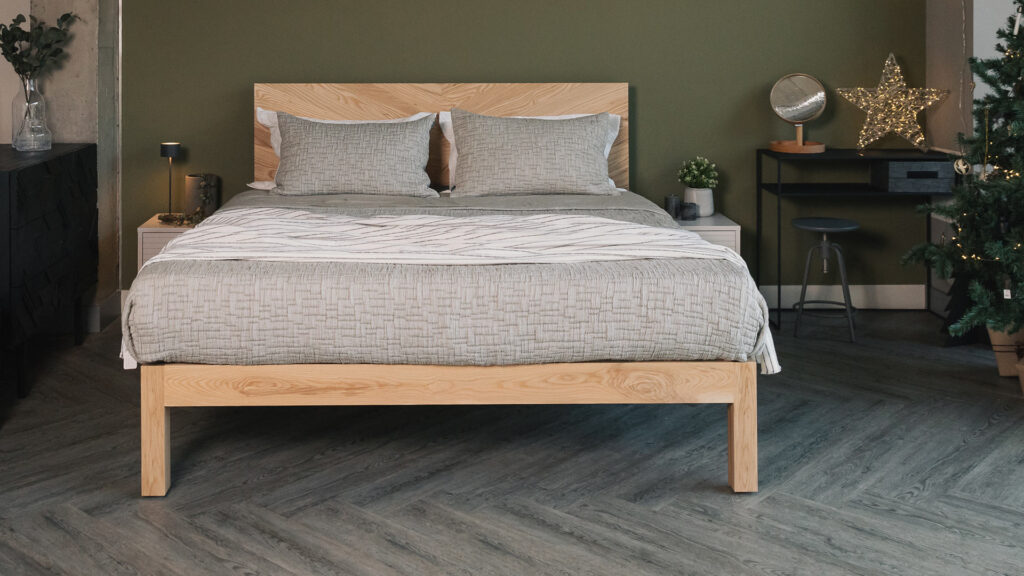 grey textured bedding on ash Hathersage bed superking