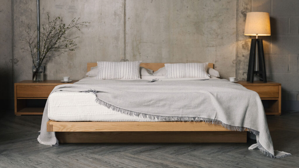 grey waffle look bedspread on low Kumo bed