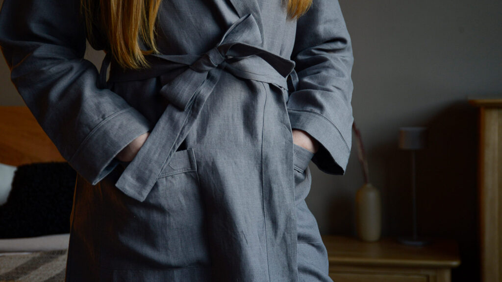 hands in pockets organic linen charcoal robe
