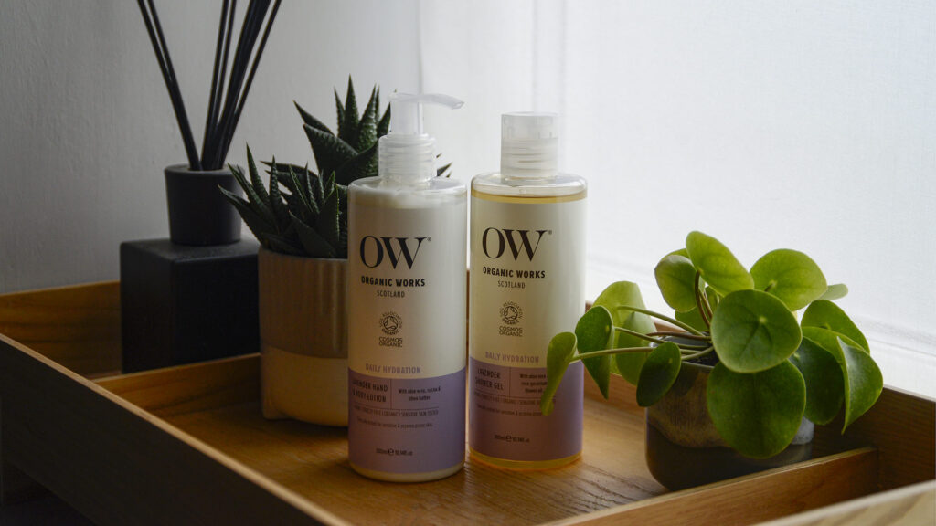 vegan and cruelty free organic shower gel and hand and body lotion with aloe vera, and rose geranium