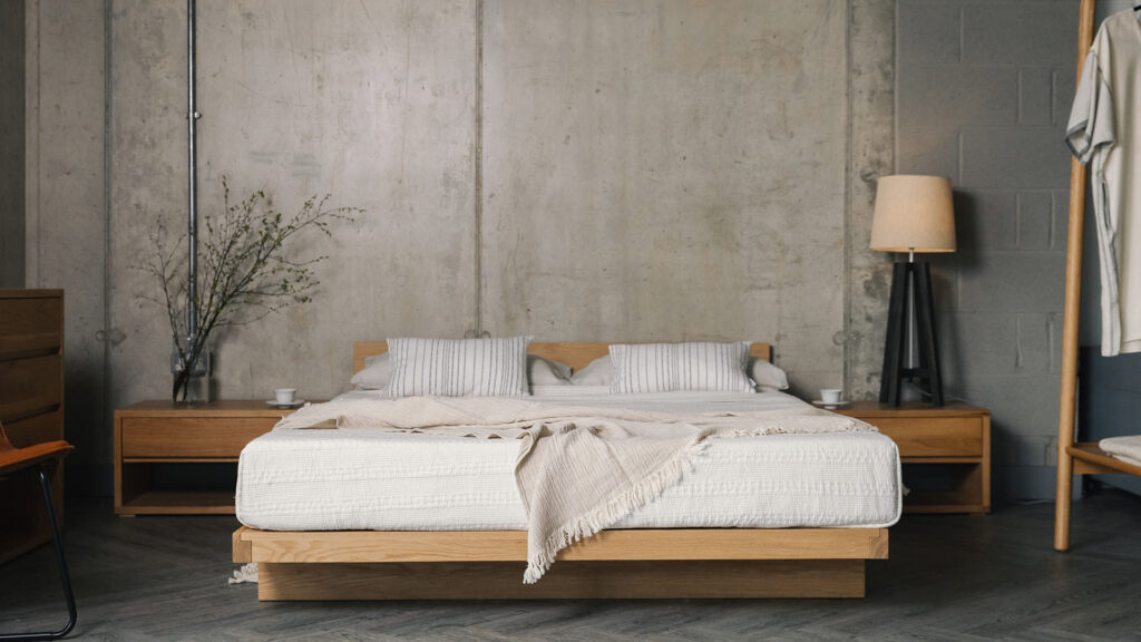 light stone colour organic cotton blend throw with oak bedroom furniture