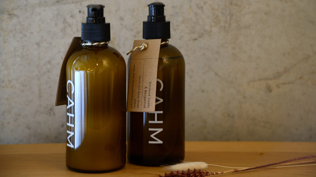 luxury body wash adn lotion in amber glass jars