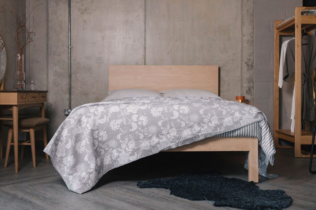 maple Bamford bed with grey floral bedspread 1280