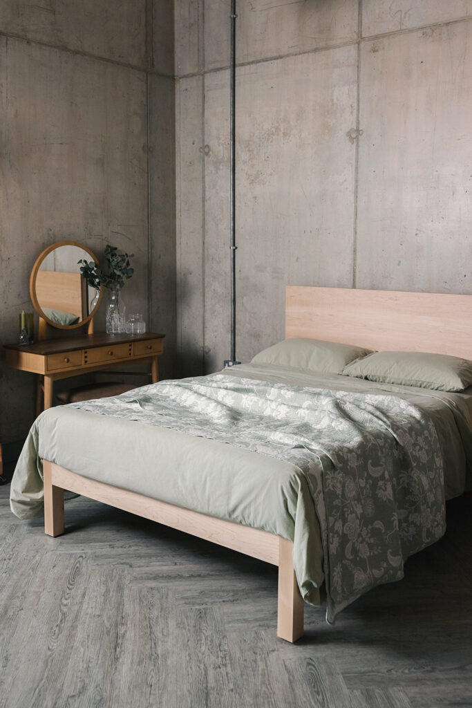 maple bamford modern bed with green bedding portrait