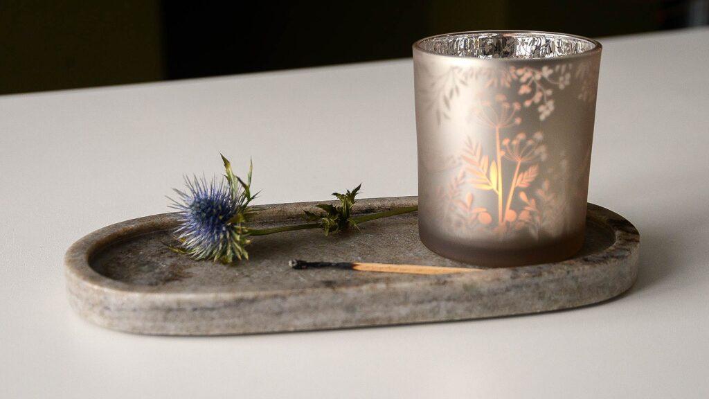 marble tray with candle holder and match