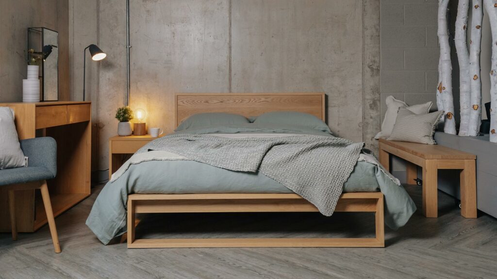 modern oak bed Leith with oganic linen bedding