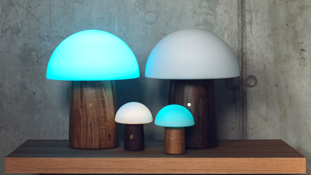 Mushroom shape lights in 2 sizes with colour change and white light options and a choice of oak or walnut bases