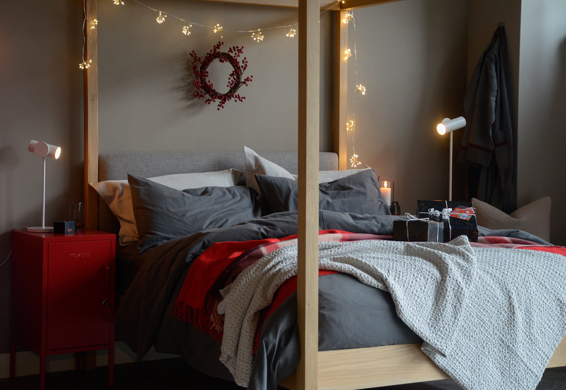 Christmas bedroom red and grey